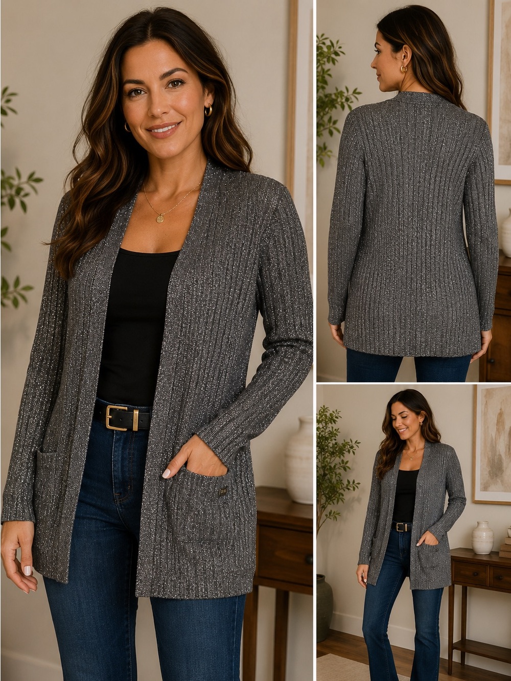 Tommy Hilfiger Metallic Ribbed Open Cardigan Gray Silver XL